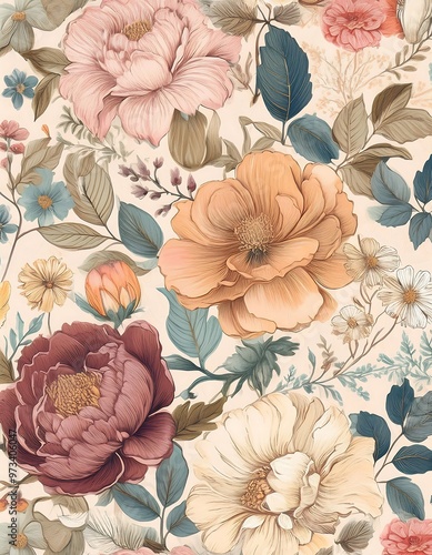 Pastel Floral Elegance - Seamless vintage-inspired pattern featuring roses, peonies, and daisies in muted tones. Graphic art illustration