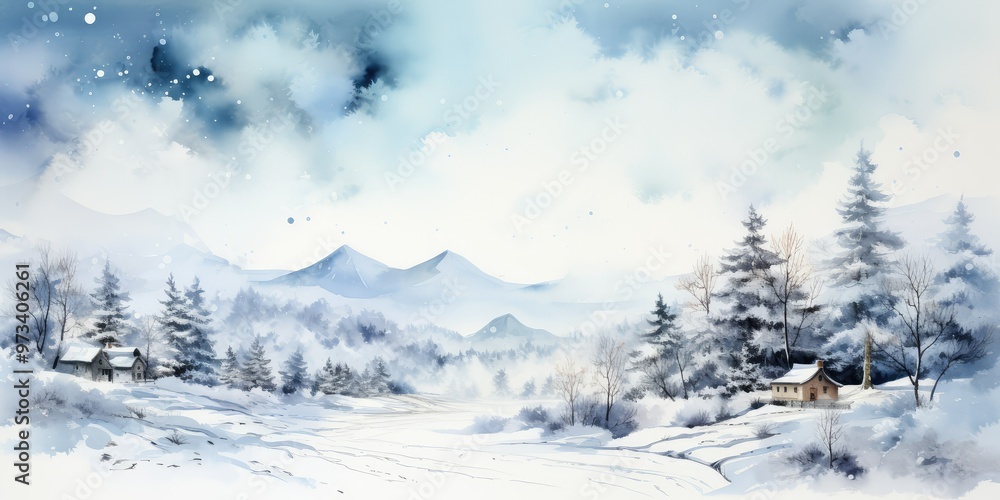 Snowy mountain scene with cabins Snowy mountain scene with cabins