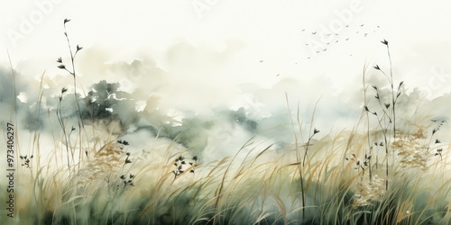 Watercolor landscape with fog