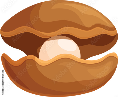 Open oyster shell containing beautiful shiny pearl illustration isolated on white background