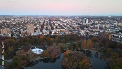 Aerial sunset landscape of Prospect Park ice skating rink Brooklyn during fall in New York City