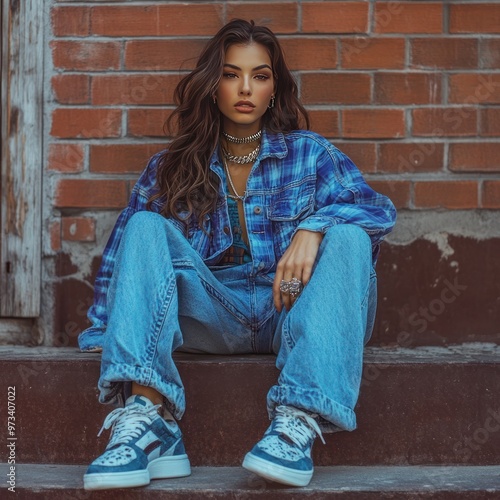 A Young Woman Wearing Blue Jeans and a Plaid Denim Jacket, Sitting on a Brick Staircase photo