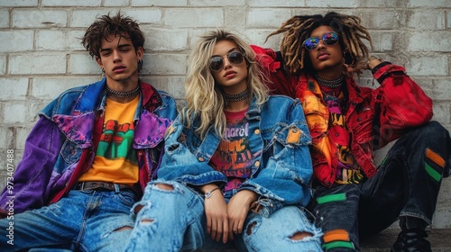 Three Young Adults Posing Against a White Brick Wall in Casual Clothing photo