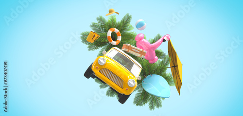 The yellow vintage car is flying. On the roof there is a suitcase, a ball, a circle and a flamingo for swimming. Surfboard, palm trees. 3d on the theme of travel, recreation, tickets, the sea.