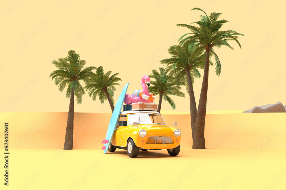 Obraz premium A yellow vintage car on the beach. On the roof there is a suitcase, a ball, a circle and a flamingo for swimming. Surfboard, palm trees. 3d on the theme of travel, recreation, tickets, the sea.