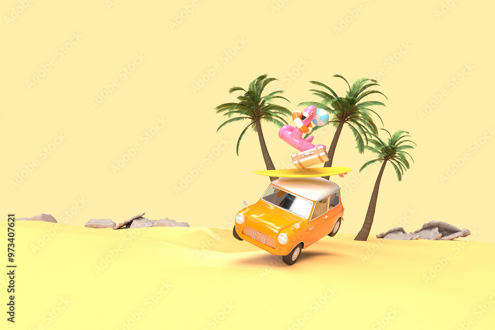 Obraz premium The orange vintage car is flying. On the roof there is a suitcase, a ball, a circle and a flamingo for swimming. Surfboard, palm trees. 3d on the theme of travel, recreation, tickets, the sea.