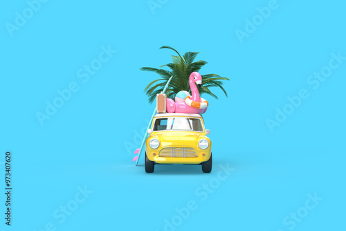 A yellow vintage car. On the roof there is a suitcase, a ball, a circle and a flamingo for swimming, a surfboard on the side. 3d on the topic of travel, recreation, tickets, the sea. Blue background.