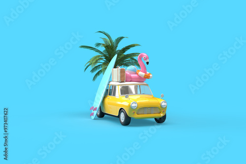 A yellow vintage car. On the roof there is a suitcase, a ball, a circle and a flamingo for swimming, a surfboard on the side. 3d on the topic of travel, recreation, tickets, the sea. Blue background.