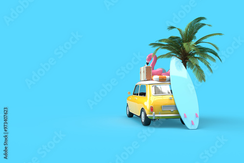 A yellow vintage car. On the roof there is a suitcase, a ball, a circle and a flamingo for swimming, a surfboard on the side. 3d on the topic of travel, recreation, tickets, the sea. Blue background.