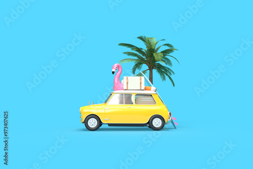 A yellow vintage car. On the roof there is a suitcase, a ball, a circle and a flamingo for swimming, a surfboard on the side. 3d on the topic of travel, recreation, tickets, the sea. Blue background.
