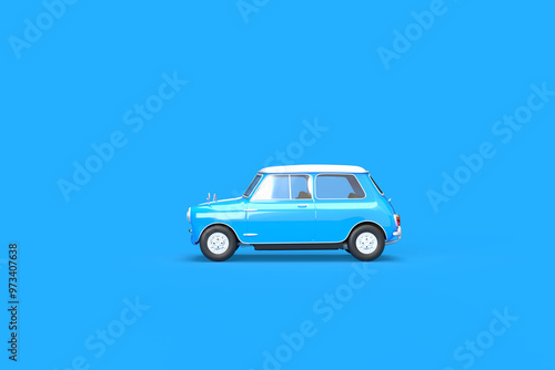 Vintage blue car on a blue background. 3d rendering on the topic of transport, car, spare parts, work, business, design. Minimal style. Side view.