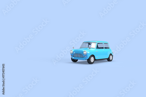 Vintage blue car on a blue background. 3d rendering on the topic of transport, car, spare parts, work, business, design. Minimal style. Front view. photo