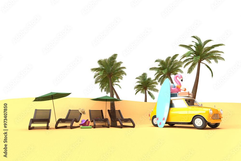 Obraz premium A yellow vintage car on the beach. On the roof there is a suitcase, a ball, a circle and a flamingo for swimming. Surfboard, palm trees. 3d on the theme of travel, recreation, tickets, the sea.