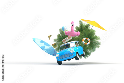 The blue vintage car is flying. On the roof there is a suitcase, a ball, a circle and a flamingo for swimming. Surfboard, palm trees. 3d on the theme of travel, recreation, tickets, the sea.