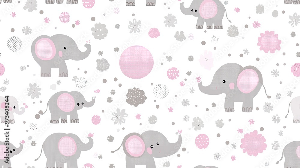 Fototapeta premium This delightful pattern features cute baby elephants in pastel pink, grey, and sage green against a white background adorned with polka dots, ideal for playful creations SEAMLESS PATTERN
