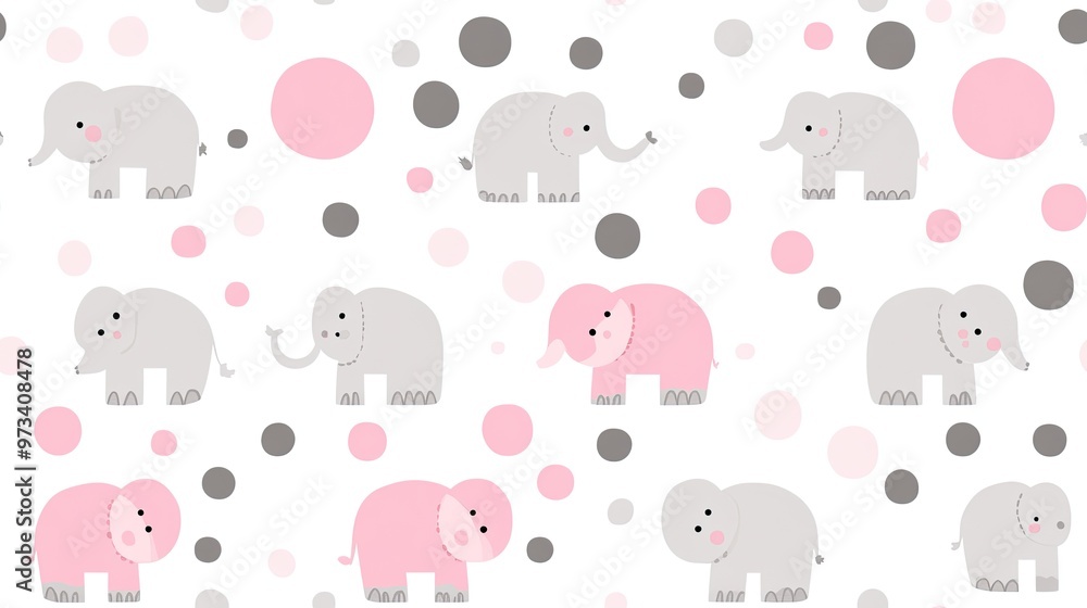 Fototapeta premium This delightful pattern features cute baby elephants in pastel pink, grey, and sage green against a white background adorned with polka dots, ideal for playful creations SEAMLESS PATTERN