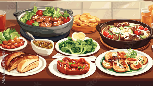 Dishes background. Variety traditional dish meal dinner or lunch serving on table, cartoon kitchen desk with food vector illustration