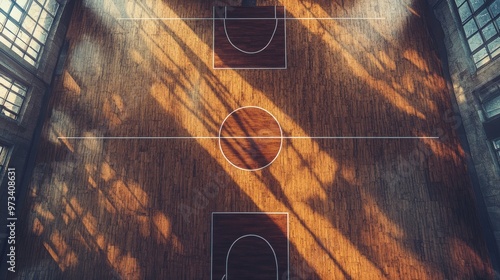 Top view of a parquet basketball court seen through an extraordinarily wide angle lens photo