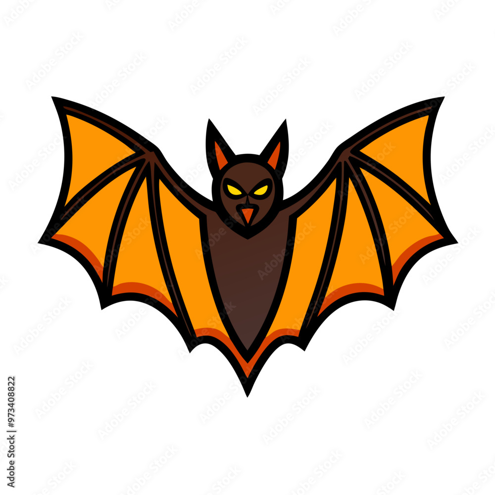 Obraz premium A cartoon bat with orange wings and a black face. The bat is looking at the camera with an evil expression
