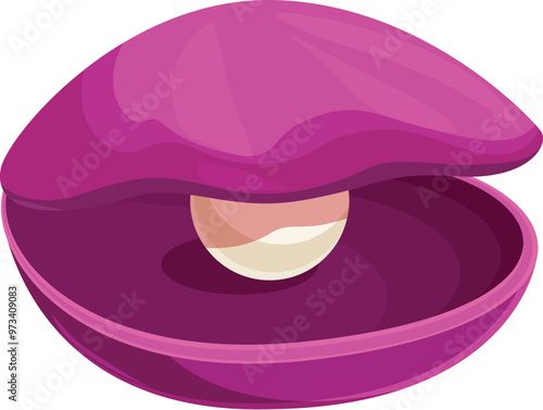 Pink bivalve shell is slightly open, revealing a single white pearl inside