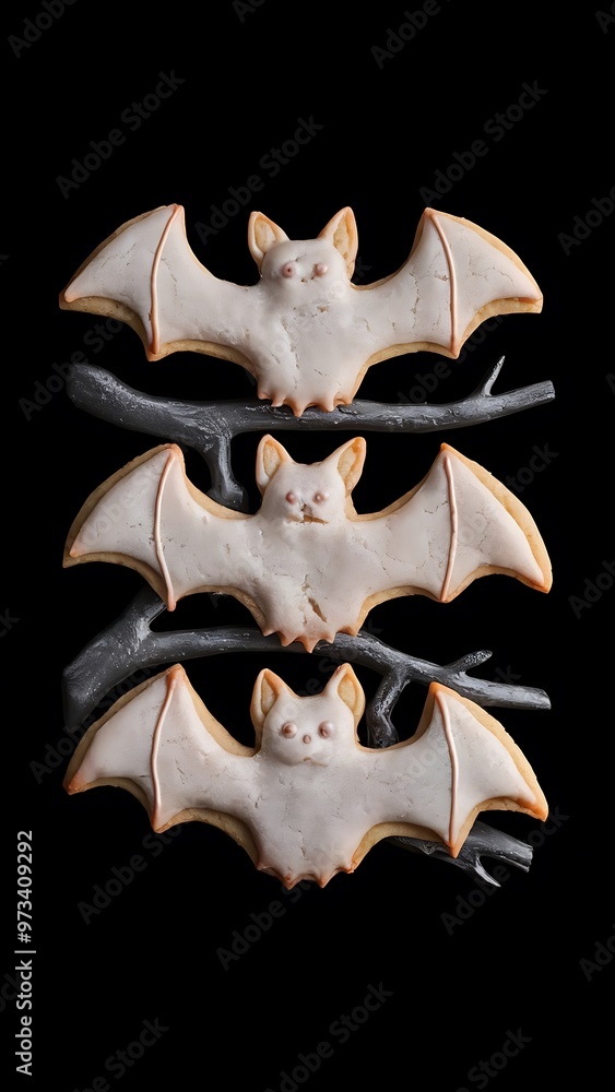 Fototapeta premium Top view of halloween bat cookies isolated on black background