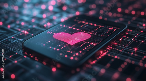 An online dating scam depicted with fake profiles and suspicious messages, with cybersecurity measures flagging the activity.