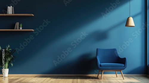 Scandinavian Style Living Room with Blue Armchair and Wood Shelves