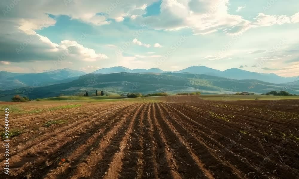 Agricultural field stretching towards distant mountains, Video Agricultural field stretching towards distant mountains, Video