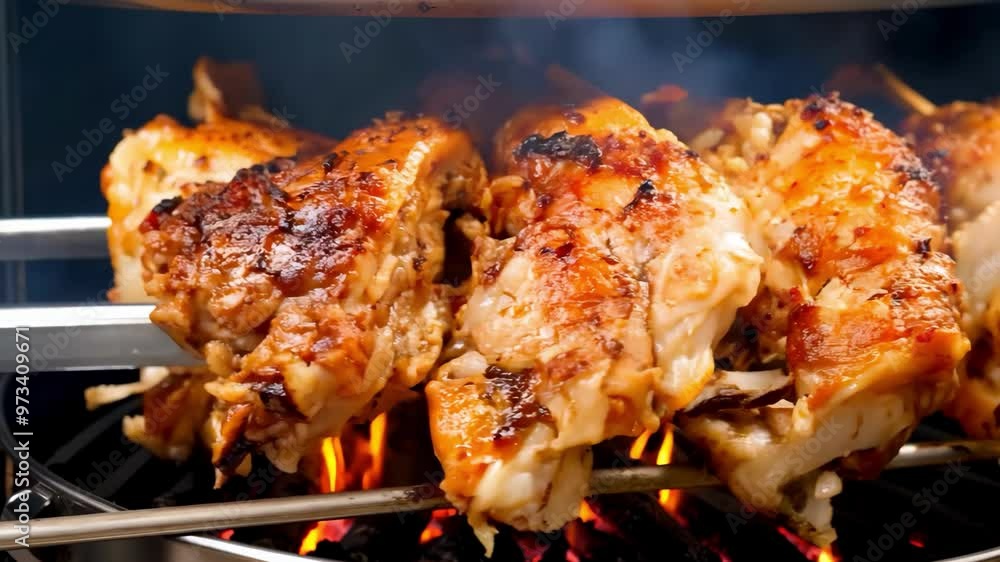 Grilled chicken skewers on a barbecue, sizzling with smoke and heat. Perfect for summer cookouts and casual dining scenes, with a focus on food and grilling techniques. Grilled chicken skewers on a barbecue, sizzling with smoke and heat. Perfect for summer cookouts and casual dining scenes, with a focus on food and grilling techniques.
