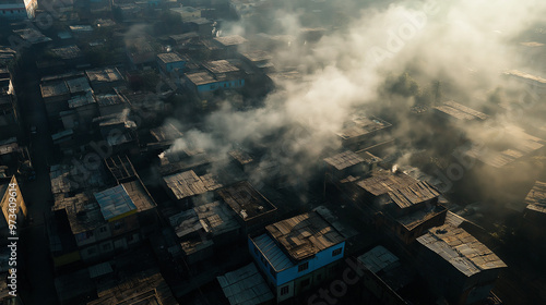 Smoke covering crowded slum houses in dharavi india