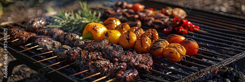 Outdoor barbecue scene with assorted meat skewers and vegetables like tomatoes and peppers grilling, surrounded by fresh herbs, creating a rustic and hearty feast. photo