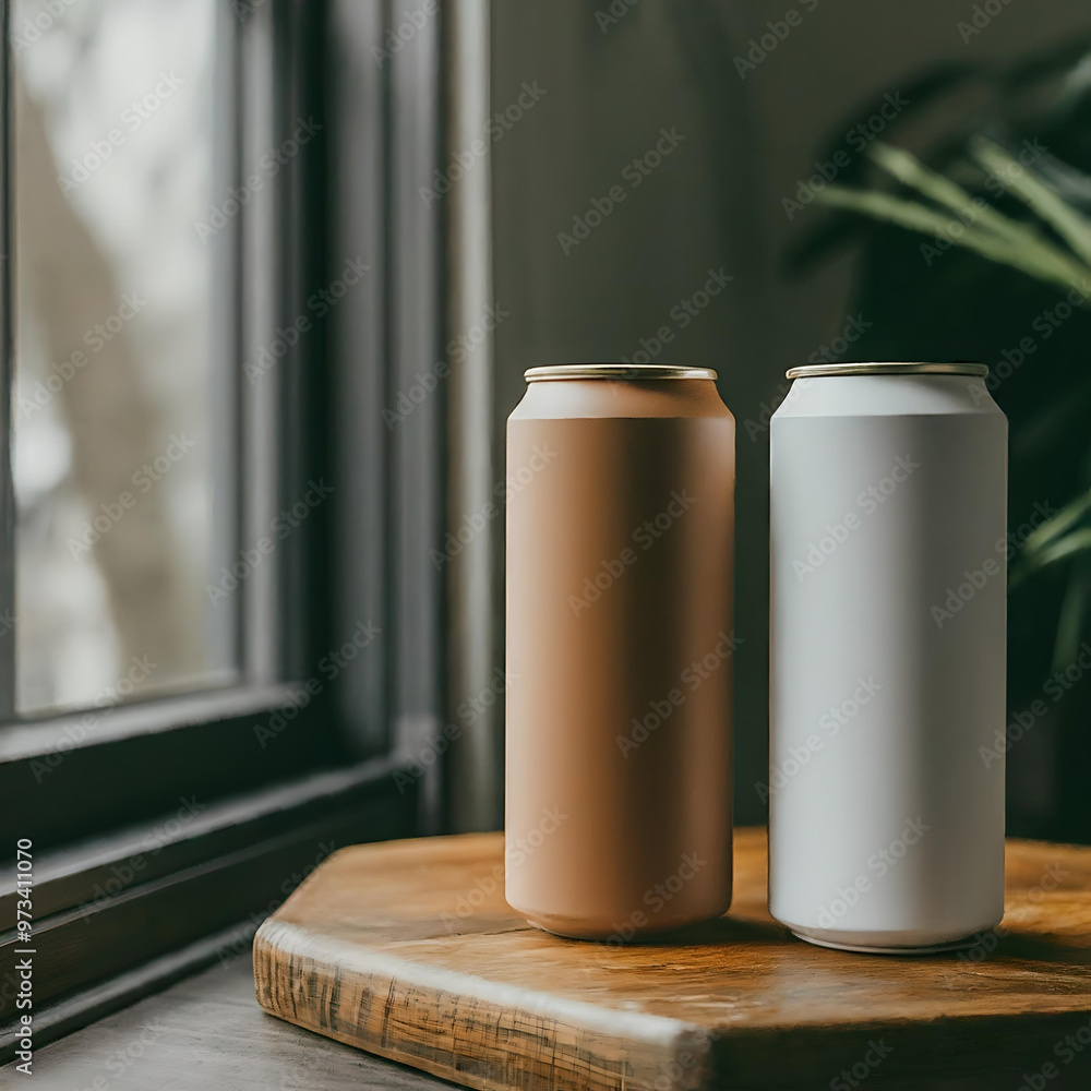 Two bottles or containers next to a window Two bottles or containers next to a window