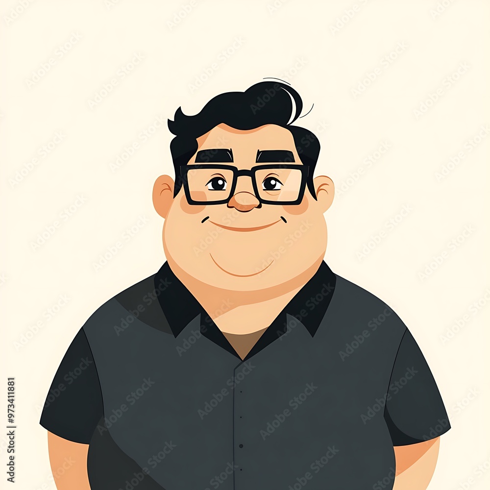 Smiling man with glasses and black hair, cartoon illustration Smiling man with glasses and black hair, cartoon illustration