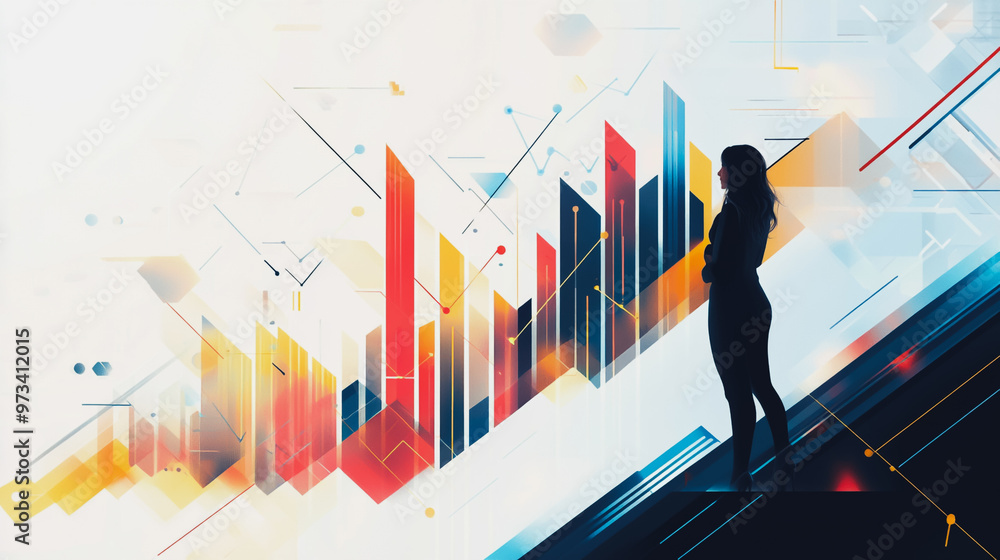 Abstract business woman stands on the peak of success amid tall, innovative Smart city and graphs with statistics to analyze business potential and predict future developments in company growth. Abstract business woman stands on the peak of success amid tall, innovative Smart city and graphs with statistics to analyze business potential and predict future developments in company growth.
