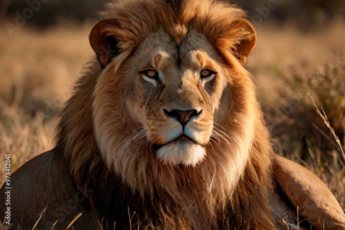 león mirando fijamente en la sabana  