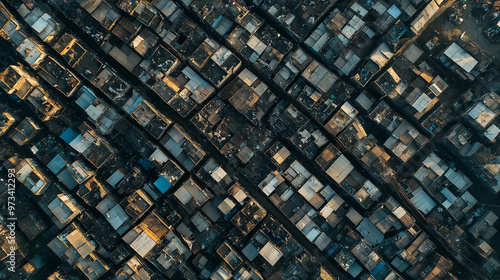 Drone point of view showing impoverished slum housing with dense population photo