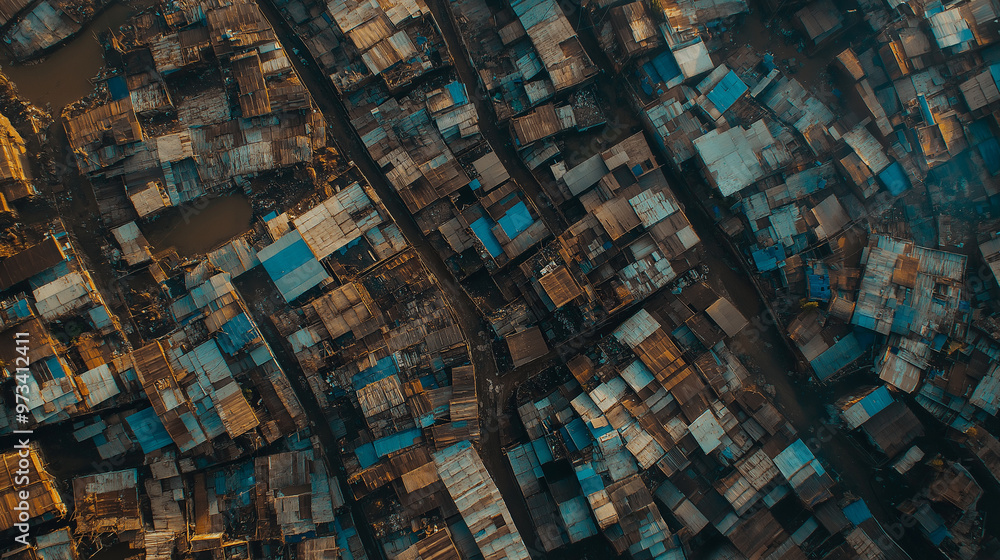 Aerial top down view showing the emense scale of a densely populated slum Aerial top down view showing the emense scale of a densely populated slum