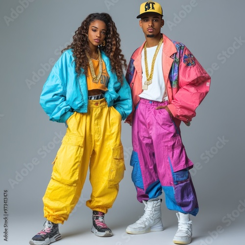 A young couple poses in vibrant 90s fashion with bold colors and accessories.