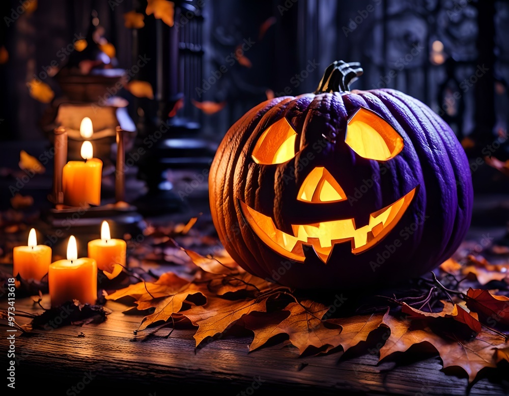 halloween pumpkin on a table surrounded by candles, halloween night background halloween pumpkin on a table surrounded by candles, halloween night background