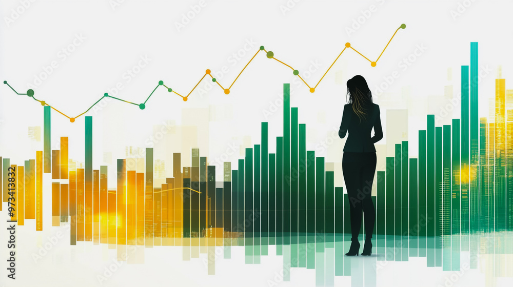 Abstract business woman stands on the peak of success amid tall, innovative Smart city and graphs with statistics to analyze business potential and predict future developments in company growth. Abstract business woman stands on the peak of success amid tall, innovative Smart city and graphs with statistics to analyze business potential and predict future developments in company growth.