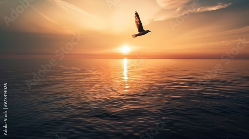 lone bird in flight, soaring above ocean at sunset