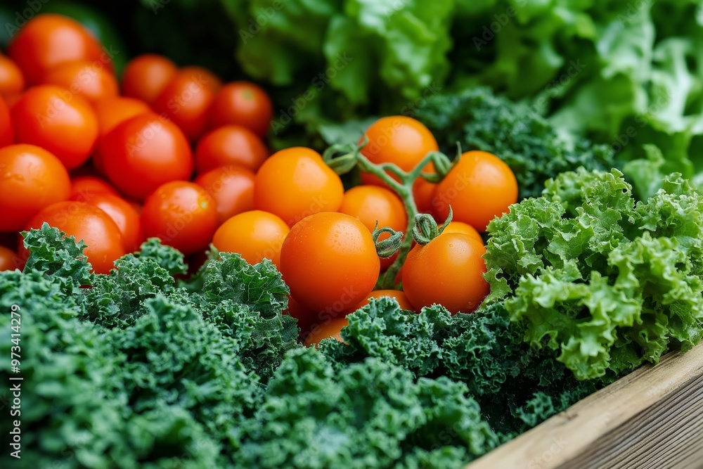 A collection of fresh cherry tomatoes, kale, and lettuce arranged neatly in a rustic wooden crate. A collection of fresh cherry tomatoes, kale, and lettuce arranged neatly in a rustic wooden crate.