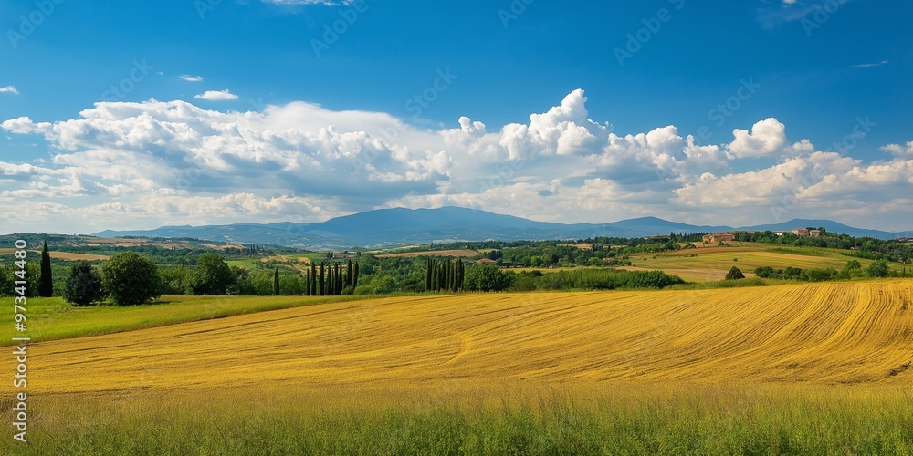 Obraz premium Expansive golden fields stretch under a vibrant blue sky with scattered clouds, capturing the peaceful rural landscape.