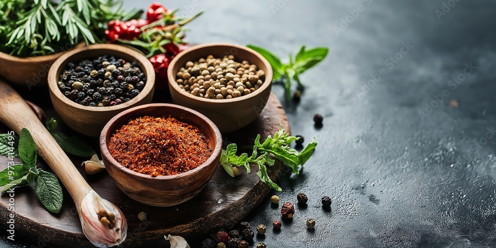 Assorted spices displayed in small wooden bowls resting on a wooden board with fresh herbs and a rustic background. Assorted spices displayed in small wooden bowls resting on a wooden board with fresh herbs and a rustic background.