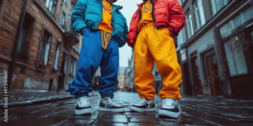 Two Men in Colorful Outfits Walking on a Wet City Street