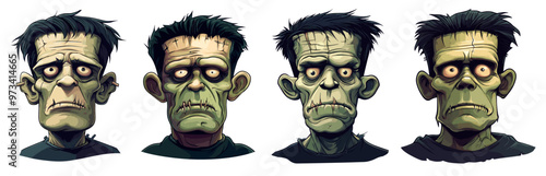 Frankensteins monster portraits. Frankenstein face cartoon zombie head, vintage horror monsters avatars halloween party dead man comic creature set vector illustration
