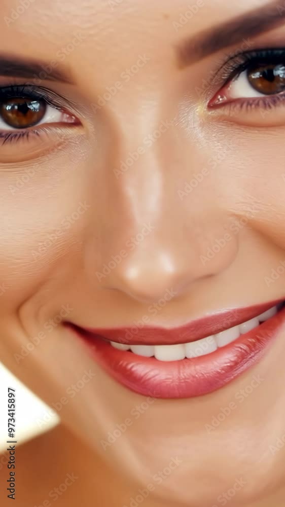 Close-up of a woman smiling confidently, with a bright red lipstick emphasizing her smile. The image focuses on facial beauty, white teeth, and positive emotions. Close-up of a woman smiling confidently, with a bright red lipstick emphasizing her smile. The image focuses on facial beauty, white teeth, and positive emotions.