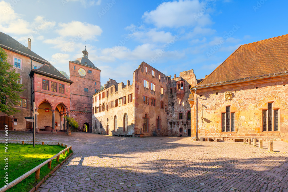 Fototapeta premium The central interior courtyard inside the medieval walls of Heidelberg Castle, in the hills above the Bavarian town of Heidelberg, Germany.