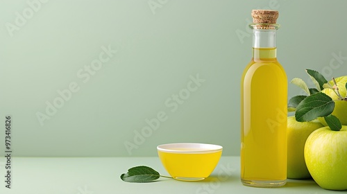  Bottle of apple cider vinegar with fresh green apples on a soft green background. Designed for health product branding, food marketing, and recipe blogs with copy space in a minimalistic, clean layou photo