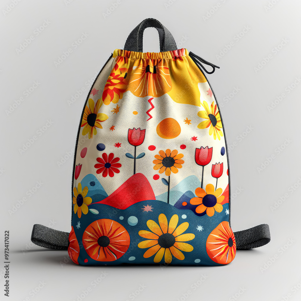 A colorful bag with mountains and a sun on it. A colorful bag with mountains and a sun on it.
